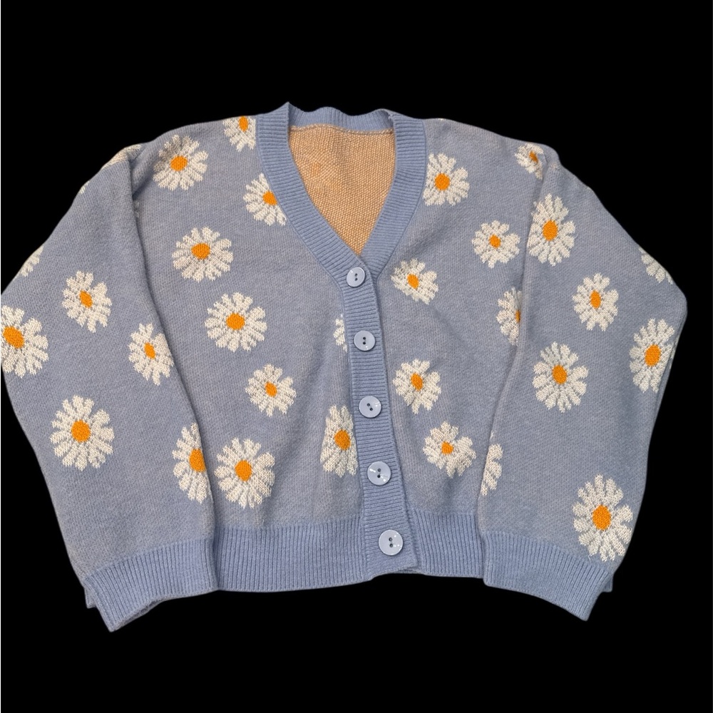 SHEIN Blue and White Daisy Cardigan Sweater